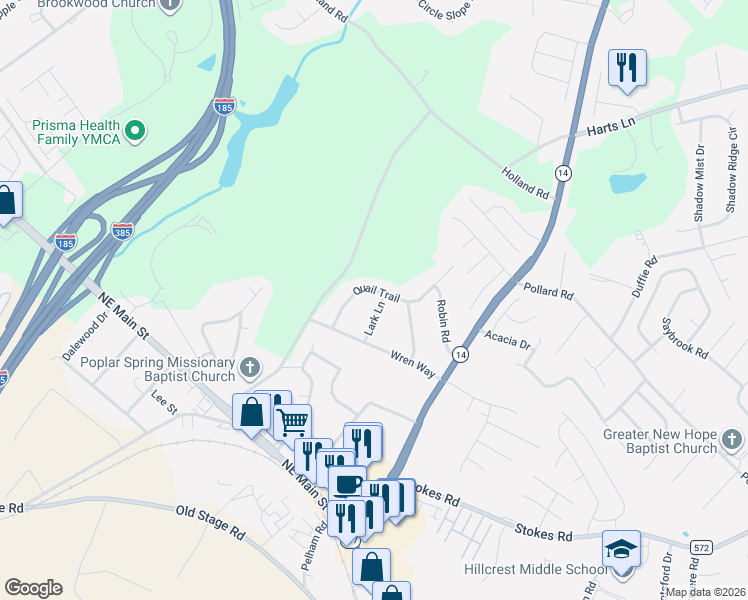 map of restaurants, bars, coffee shops, grocery stores, and more near 15 Quail Trail in Simpsonville
