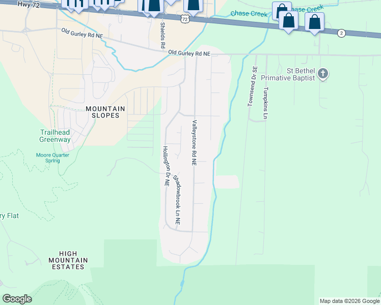 map of restaurants, bars, coffee shops, grocery stores, and more near 219 Northeast Albany Drive in Huntsville