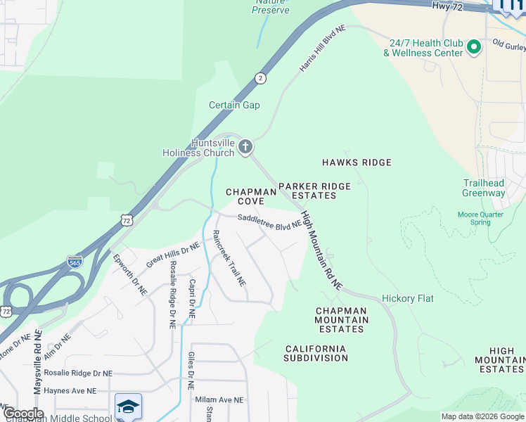 map of restaurants, bars, coffee shops, grocery stores, and more near 2204 Forrest Chapel Circle Northeast in Huntsville