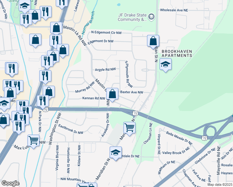 map of restaurants, bars, coffee shops, grocery stores, and more near 615 Royal Oak Drive Northwest in Huntsville