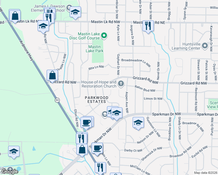 map of restaurants, bars, coffee shops, grocery stores, and more near 6007 Grizzard Road Northwest in Huntsville