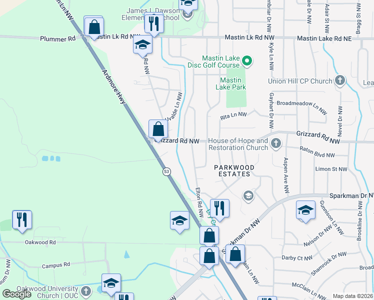 map of restaurants, bars, coffee shops, grocery stores, and more near 6037 Grizzard Road Northwest in Huntsville
