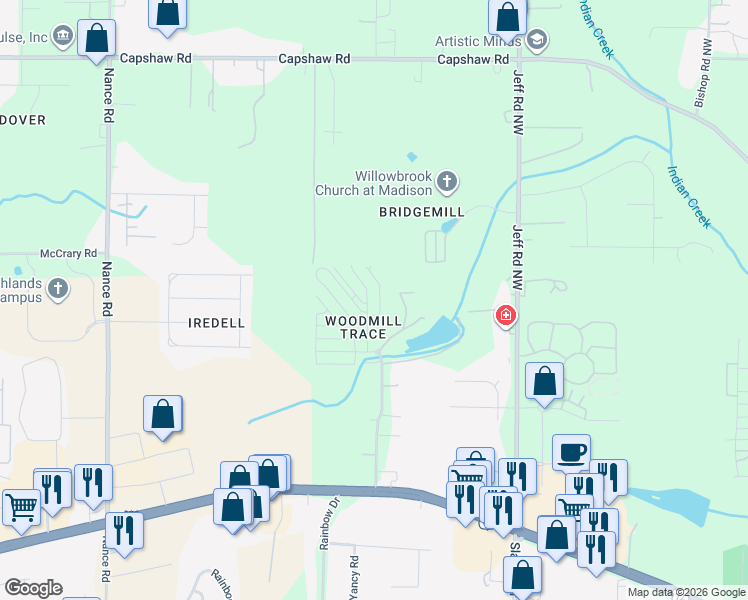 map of restaurants, bars, coffee shops, grocery stores, and more near 1827 Rushing Wood Drive Northwest in Madison