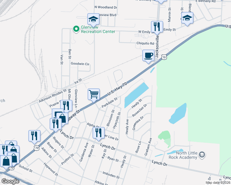 map of restaurants, bars, coffee shops, grocery stores, and more near in North Little Rock