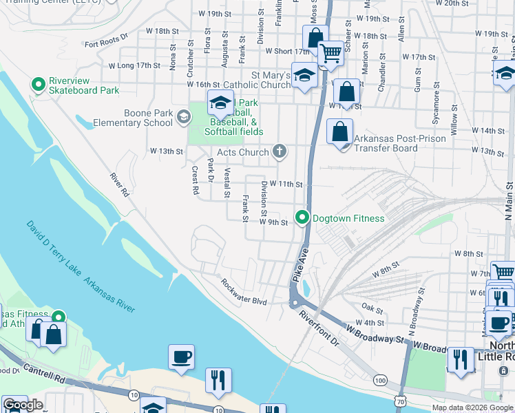 map of restaurants, bars, coffee shops, grocery stores, and more near 1305 West 10th Street in North Little Rock