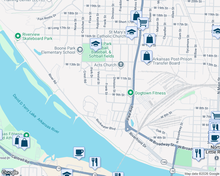 map of restaurants, bars, coffee shops, grocery stores, and more near 1305 West 10th Street in North Little Rock