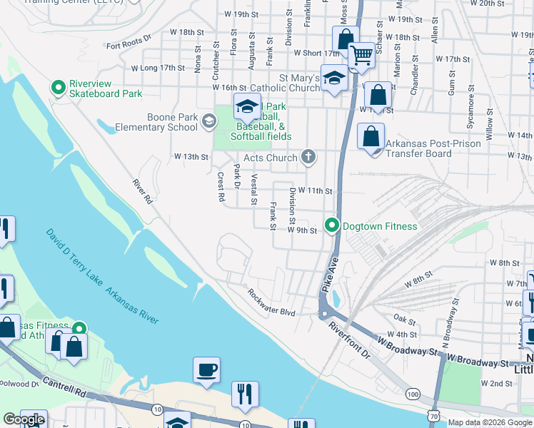map of restaurants, bars, coffee shops, grocery stores, and more near 1407 West 10th Street in North Little Rock