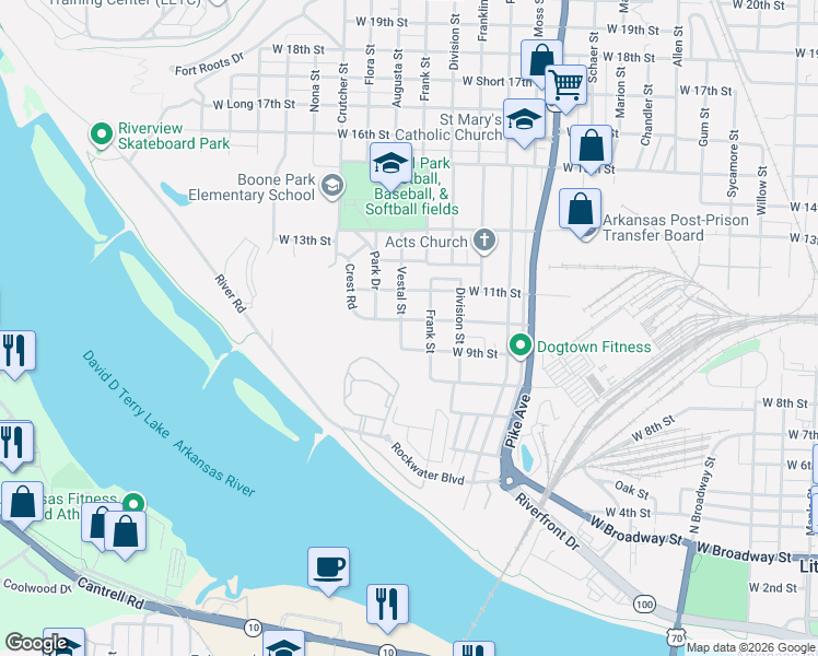 map of restaurants, bars, coffee shops, grocery stores, and more near 1407 West 10th Street in North Little Rock