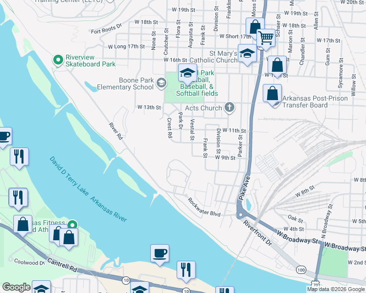 map of restaurants, bars, coffee shops, grocery stores, and more near 1000 Park Drive in North Little Rock