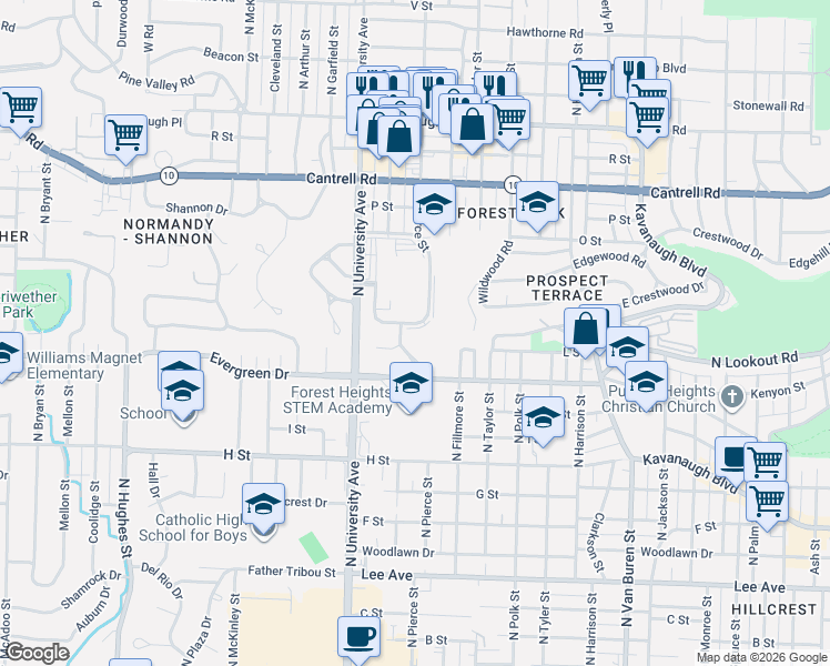 map of restaurants, bars, coffee shops, grocery stores, and more near 1421 North University Avenue in Little Rock