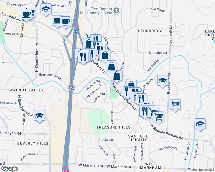 map of restaurants, bars, coffee shops, grocery stores, and more near in Little Rock