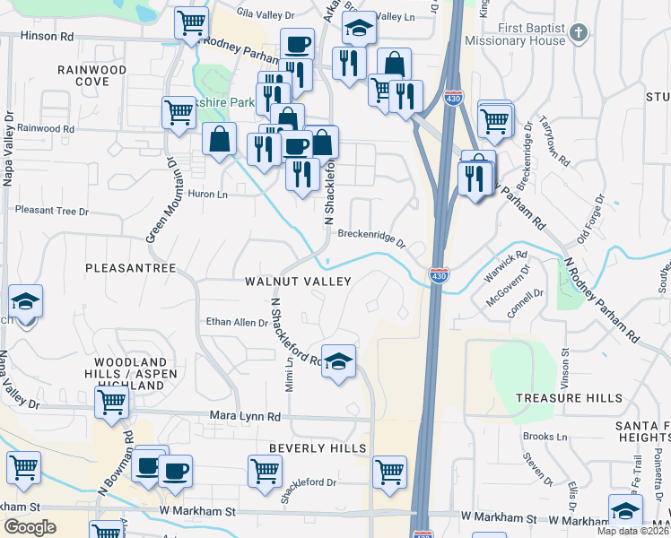 map of restaurants, bars, coffee shops, grocery stores, and more near 1205 North Shackleford Road in Little Rock