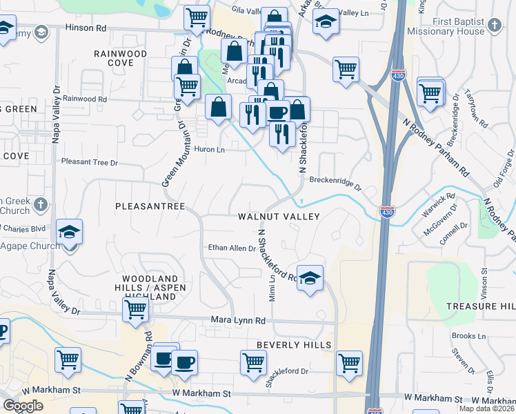 map of restaurants, bars, coffee shops, grocery stores, and more near 3 Jamestown Court in Little Rock