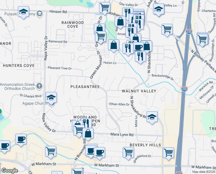 map of restaurants, bars, coffee shops, grocery stores, and more near 1124 Wild Turkey Court in Little Rock