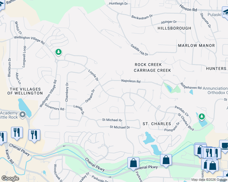 map of restaurants, bars, coffee shops, grocery stores, and more near 12 Versailles Court in Little Rock