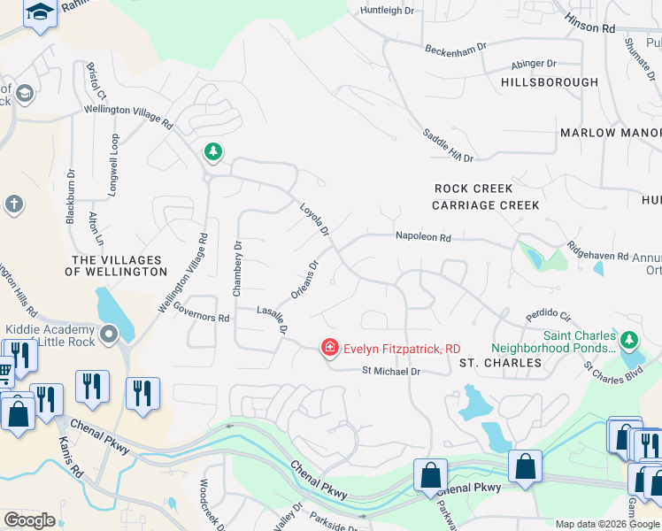 map of restaurants, bars, coffee shops, grocery stores, and more near 14201 Orleans Drive in Little Rock