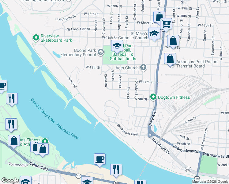 map of restaurants, bars, coffee shops, grocery stores, and more near 1000 Park Drive in North Little Rock