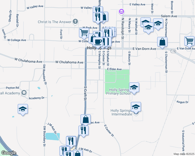 map of restaurants, bars, coffee shops, grocery stores, and more near 135 W Elder Ave in Holly Springs