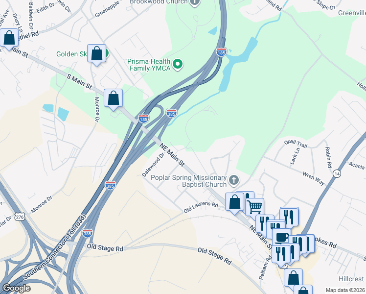 map of restaurants, bars, coffee shops, grocery stores, and more near 1316 Northeast Main Street in Simpsonville