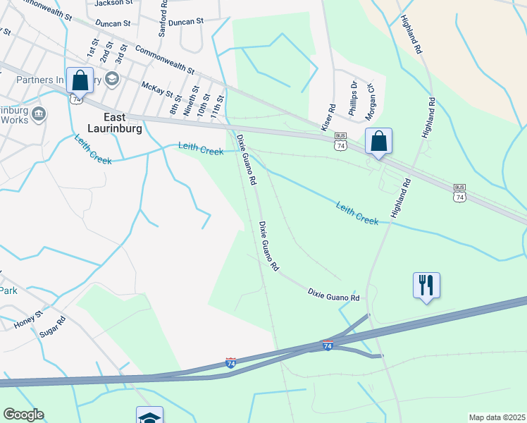 map of restaurants, bars, coffee shops, grocery stores, and more near 14001 Dixie Guano Road in Laurinburg