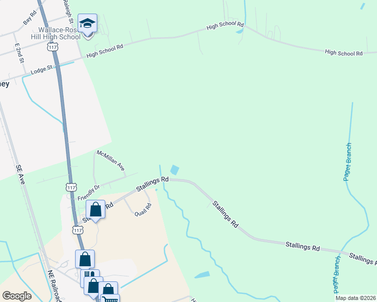 map of restaurants, bars, coffee shops, grocery stores, and more near 380 Stallings Road in Wallace