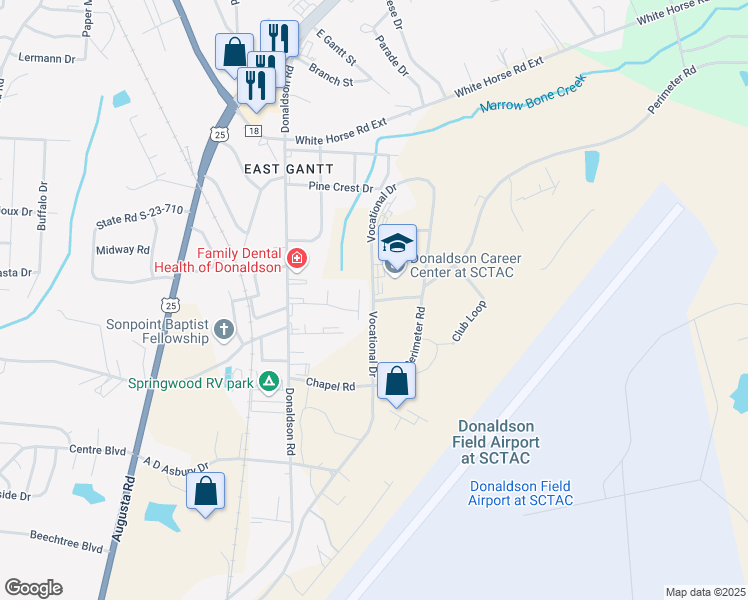 map of restaurants, bars, coffee shops, grocery stores, and more near 100 Vocational Drive in Greenville