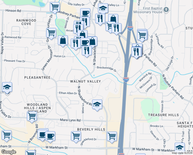 map of restaurants, bars, coffee shops, grocery stores, and more near 1205 North Shackleford Road in Little Rock