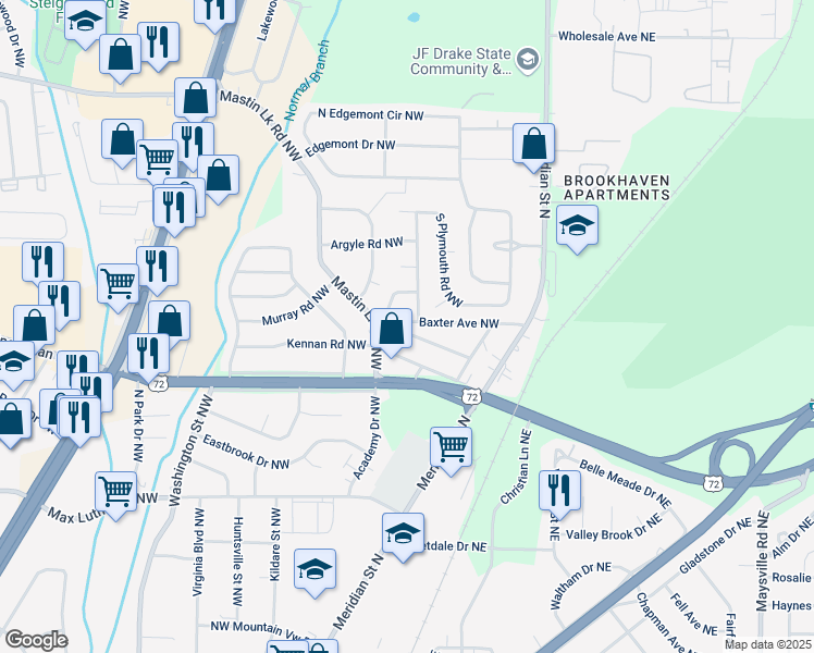 map of restaurants, bars, coffee shops, grocery stores, and more near 615 Royal Oak Drive Northwest in Huntsville