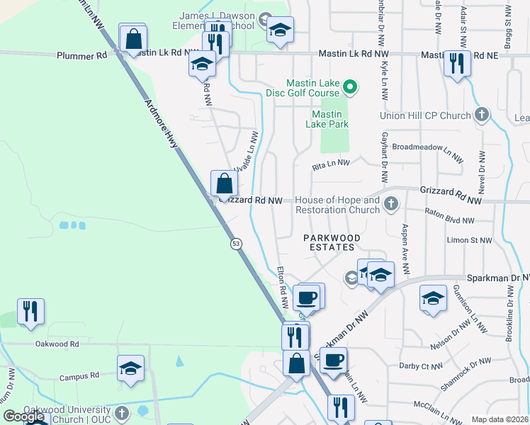 map of restaurants, bars, coffee shops, grocery stores, and more near 6037 Grizzard Road Northwest in Huntsville