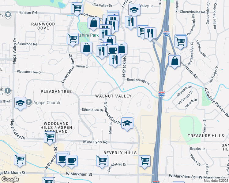 map of restaurants, bars, coffee shops, grocery stores, and more near 2 Cobble Hill Road in Little Rock