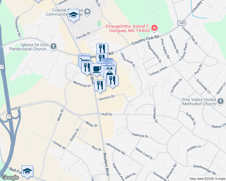 map of restaurants, bars, coffee shops, grocery stores, and more near 375 Western Boulevard in Jacksonville