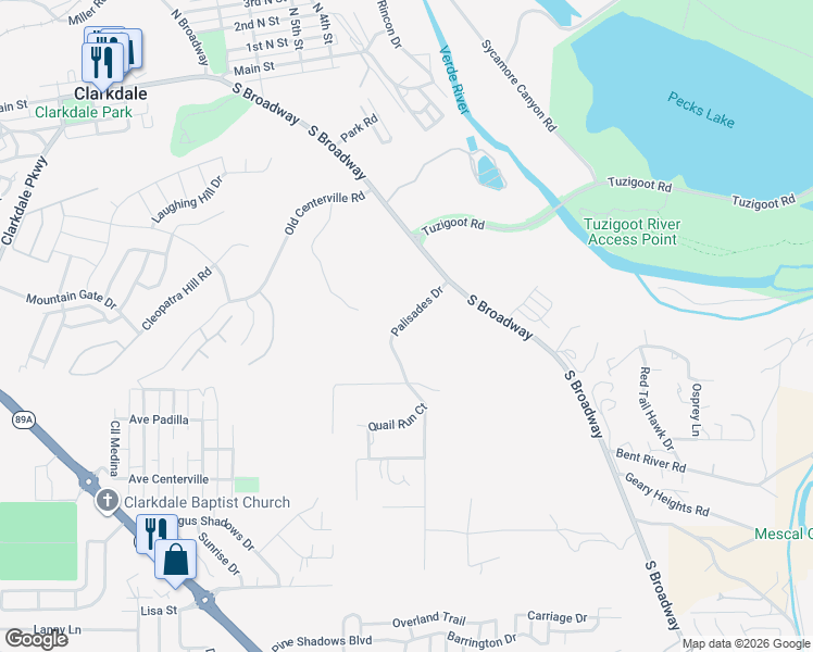 map of restaurants, bars, coffee shops, grocery stores, and more near 671 Palisades Drive in Clarkdale