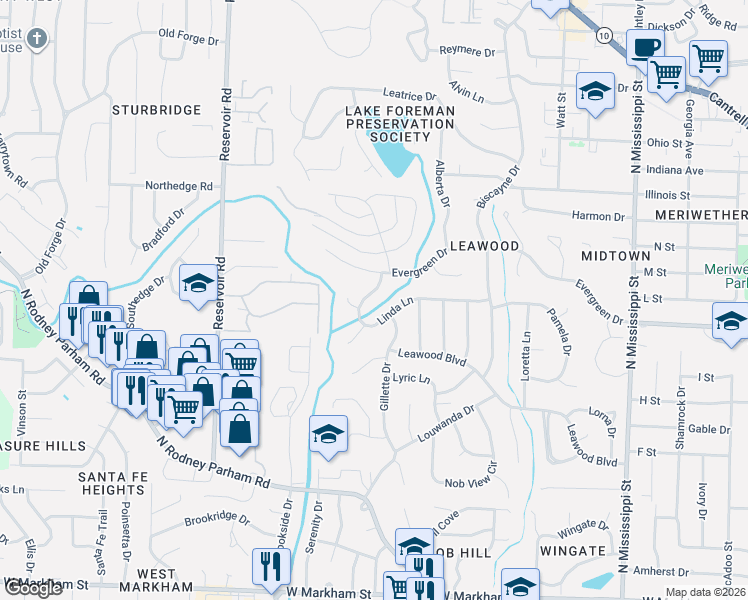 map of restaurants, bars, coffee shops, grocery stores, and more near 8616 Linda Lane in Little Rock