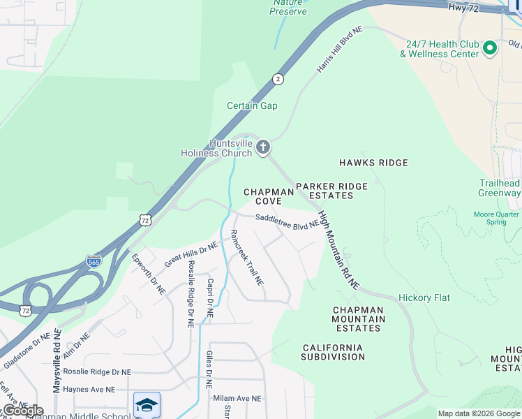 map of restaurants, bars, coffee shops, grocery stores, and more near 2847 Saddletree Boulevard Northeast in Huntsville