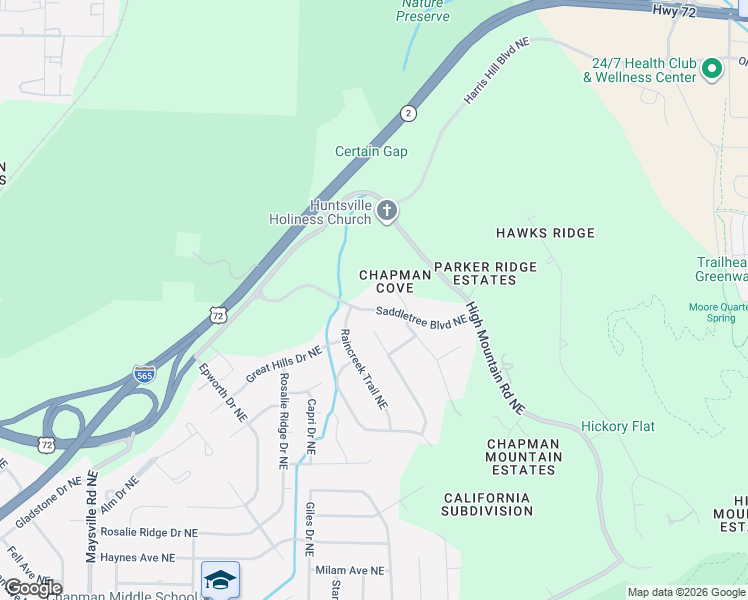 map of restaurants, bars, coffee shops, grocery stores, and more near 2847 Saddletree Boulevard Northeast in Huntsville