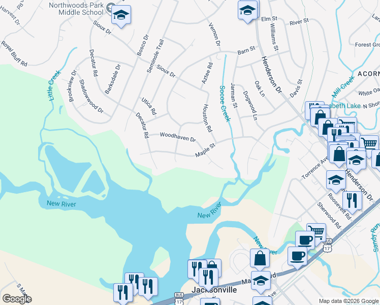 map of restaurants, bars, coffee shops, grocery stores, and more near 604 Maple Street in Jacksonville