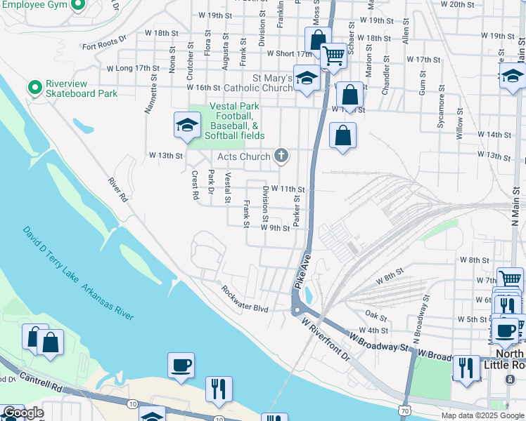 map of restaurants, bars, coffee shops, grocery stores, and more near 1305 West 10th Street in North Little Rock