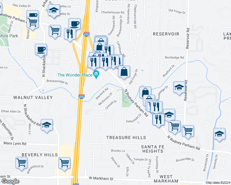 map of restaurants, bars, coffee shops, grocery stores, and more near 2 McGovern Drive in Little Rock