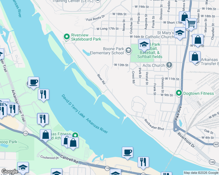 map of restaurants, bars, coffee shops, grocery stores, and more near 2003 River Road in North Little Rock
