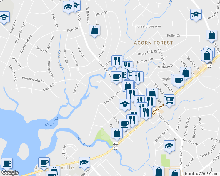 map of restaurants, bars, coffee shops, grocery stores, and more near 318 Richlands Avenue in Jacksonville