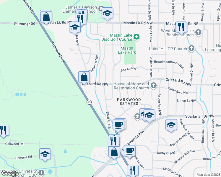 map of restaurants, bars, coffee shops, grocery stores, and more near 6031 Grizzard Road Northwest in Huntsville