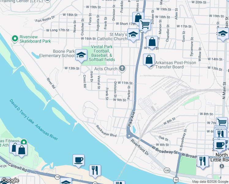 map of restaurants, bars, coffee shops, grocery stores, and more near 1305 West 10th Street in North Little Rock