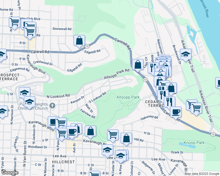 map of restaurants, bars, coffee shops, grocery stores, and more near 3934 South Lookout Road in Little Rock