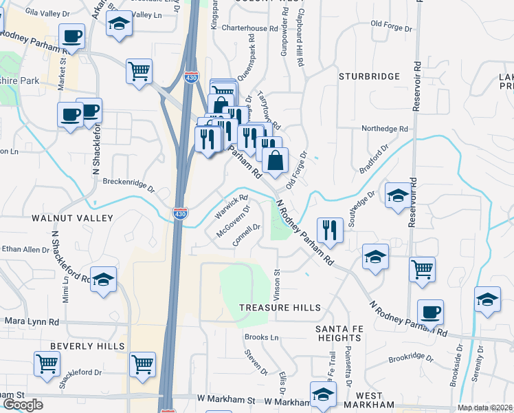 map of restaurants, bars, coffee shops, grocery stores, and more near 2 McGovern Drive in Little Rock