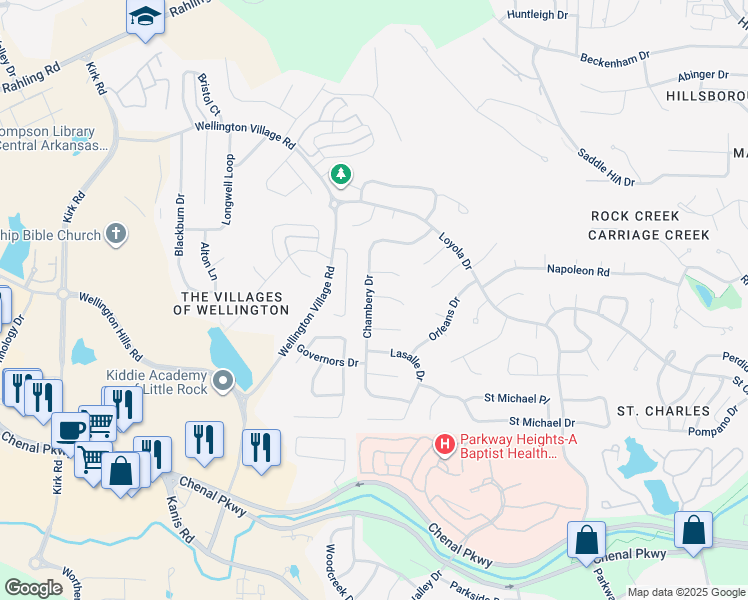 map of restaurants, bars, coffee shops, grocery stores, and more near 14901 Chambery Drive in Little Rock