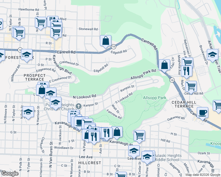 map of restaurants, bars, coffee shops, grocery stores, and more near 4325 North Walnut Street in Little Rock