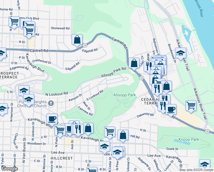 map of restaurants, bars, coffee shops, grocery stores, and more near 4004 South Lookout Road in Little Rock