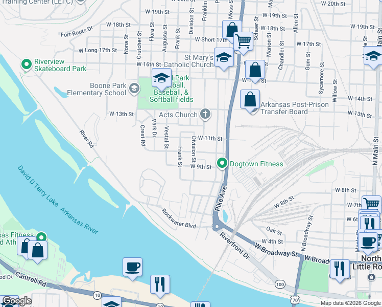 map of restaurants, bars, coffee shops, grocery stores, and more near 1305 West 10th Street in North Little Rock