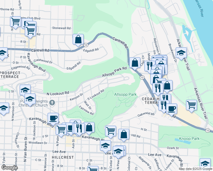 map of restaurants, bars, coffee shops, grocery stores, and more near 4004 South Lookout Road in Little Rock