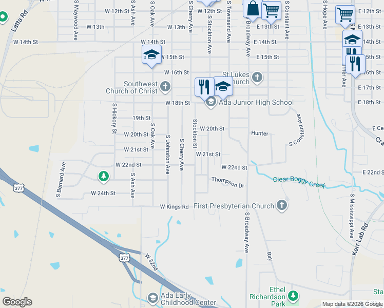 map of restaurants, bars, coffee shops, grocery stores, and more near 1112 South Cherry Street in Ada